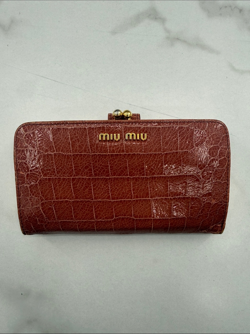 Miu Miu Brick Red Croc-Embossed Leather Wallet with Gold Hardware